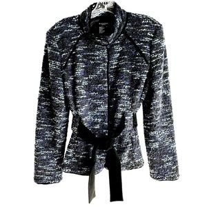 Sandro Sportswear Blue Black Tweed Boucle Long Sleeve Belted Jacket Size Large